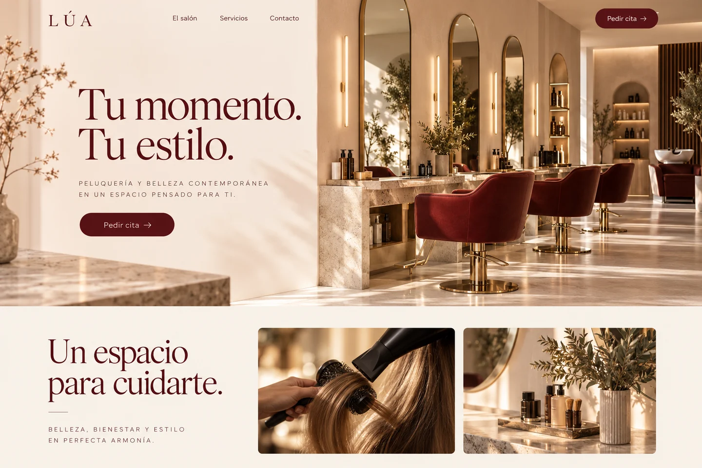 Propuesta visual generada con IA: página de peluquería y belleza Lúa