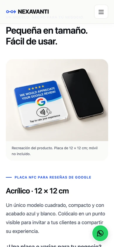 Captura real de la página de placas NFC de Nexavanti en un móvil