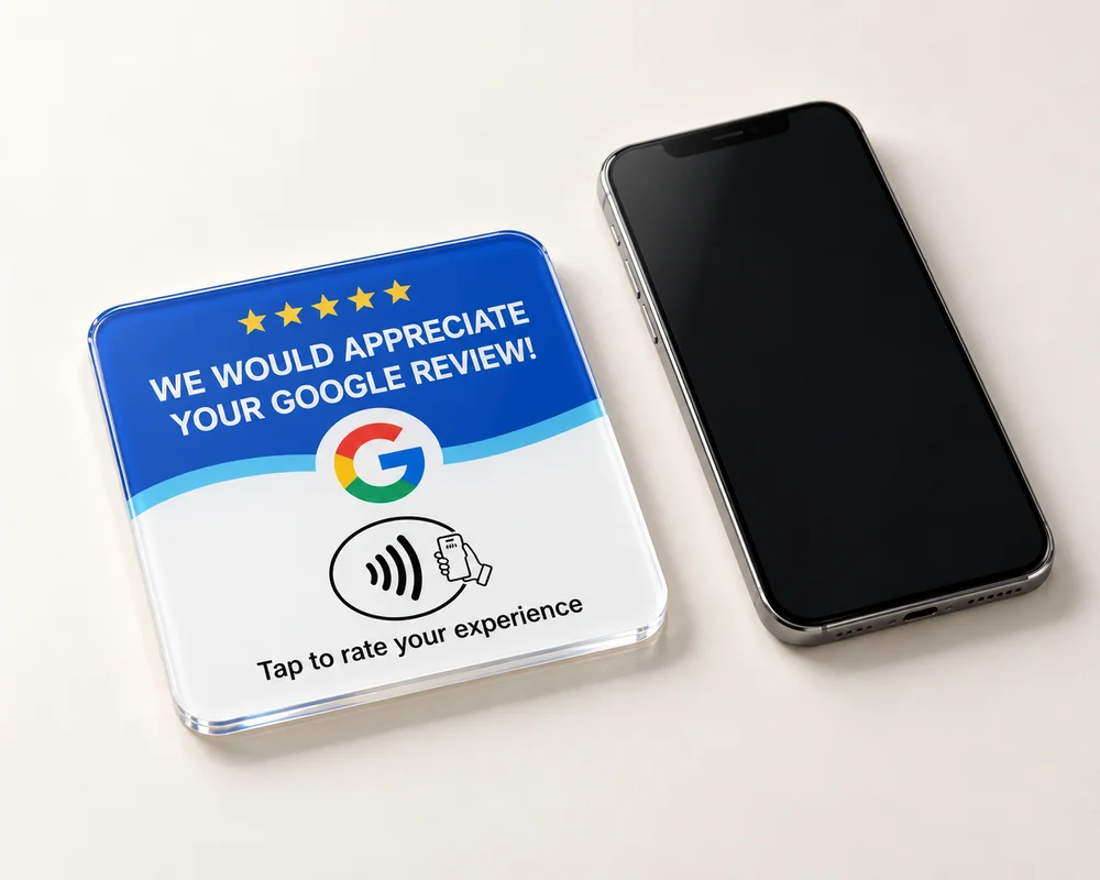 Recreación de la placa NFC cuadrada de acrílico azul y blanca, de 12 × 12 cm, junto a un móvil como referencia de tamaño